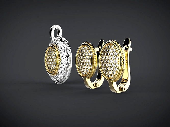 Oval earings and pendant with ornament | 3D