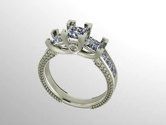 3 stone princess engagement ring | 3D