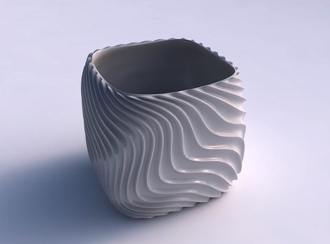 Vase quadratic stumpy with wavy extruded lines 3 | 3D