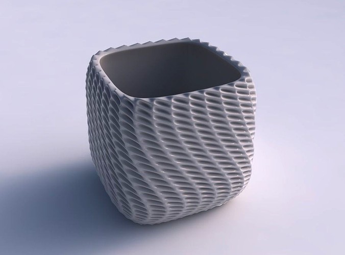 Vase quadratic stumpy with bent extruded pattern | 3D