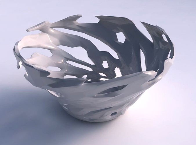 Bowl wide and twisted with faceted cuts and bulges | 3D