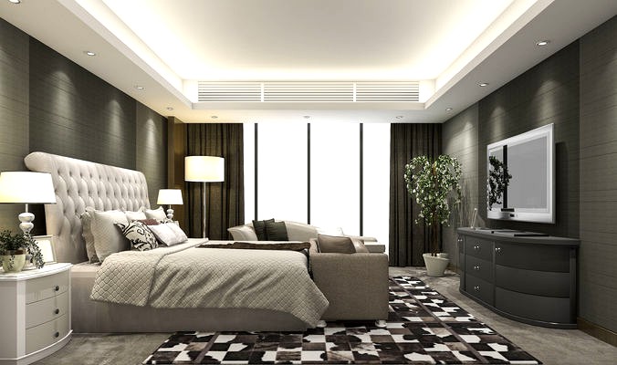 luxury modern bedroom suite in hotel with carpet