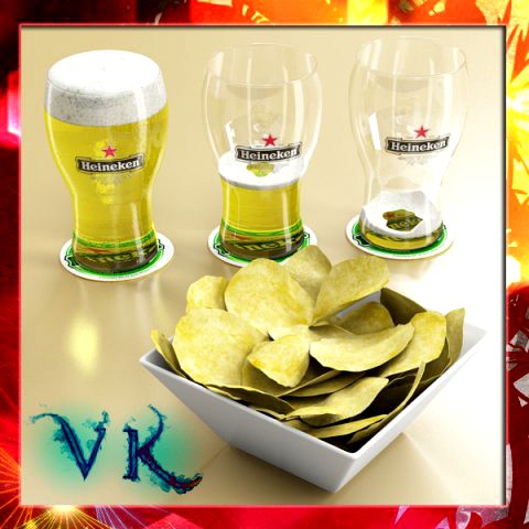 Chips Bowl and Pint of Beer 3D Model