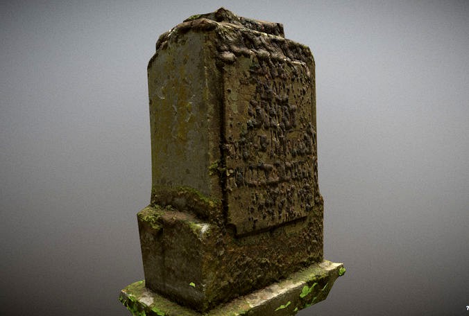 Scanned photorealistic old mossy tombstone