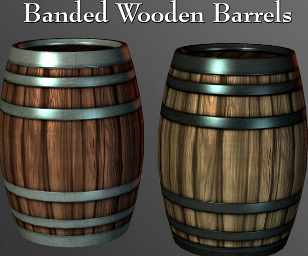 Banded Wooden Barrels 3D Model