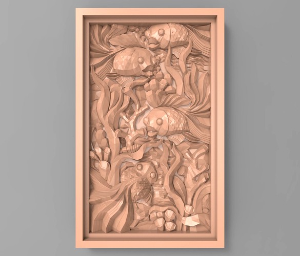 The fishes between seaweed bas relief for CNC | 3D