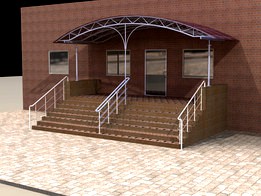 Building entrance with arch canopy and handrails.