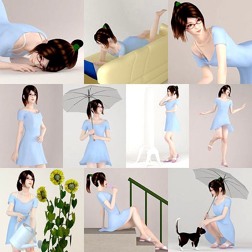 10 poses of  Natsumi in blue dress