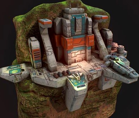 Low poly sci fi outpost buildings on cliffs environment