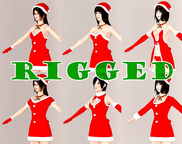 T pose rigged model of 4 girls with 6 Christmas outfit