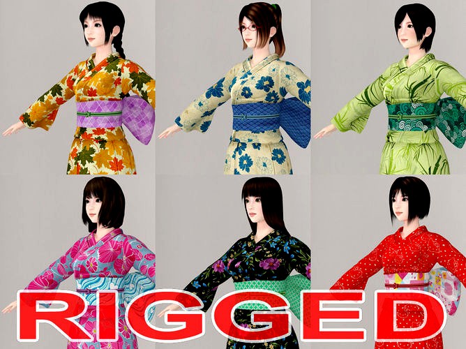 T pose rigged model of 6 girls in kimono