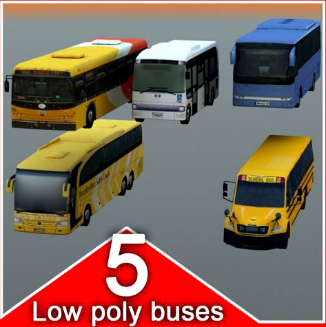 5 Busses (lowpoly) 3D Model