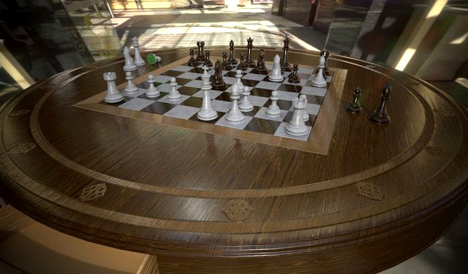 Chess Table with wood carved chess pieces