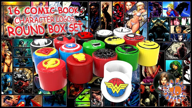 16 Comic Book Character Logos Round Box Set | 3D