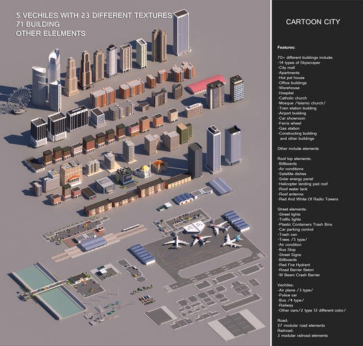 Realistic Low poly Cartoon City Modular Elements