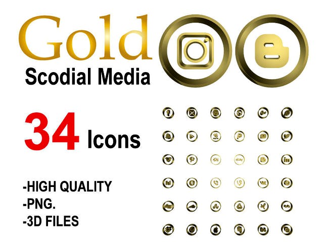 Gold Social Media Icons 3D