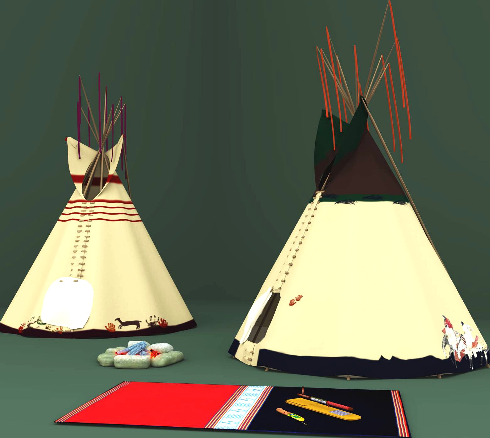 Lakota Tepees, Medicine Pipe and Beaded Sheath Knife For Vue