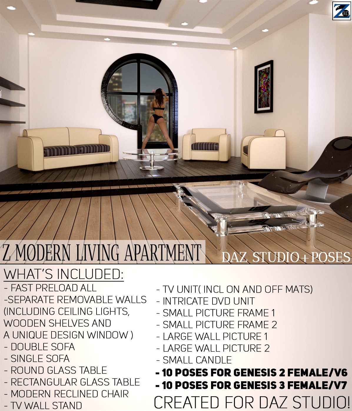 Z Modern Living Apartment + Poses - Daz Studio