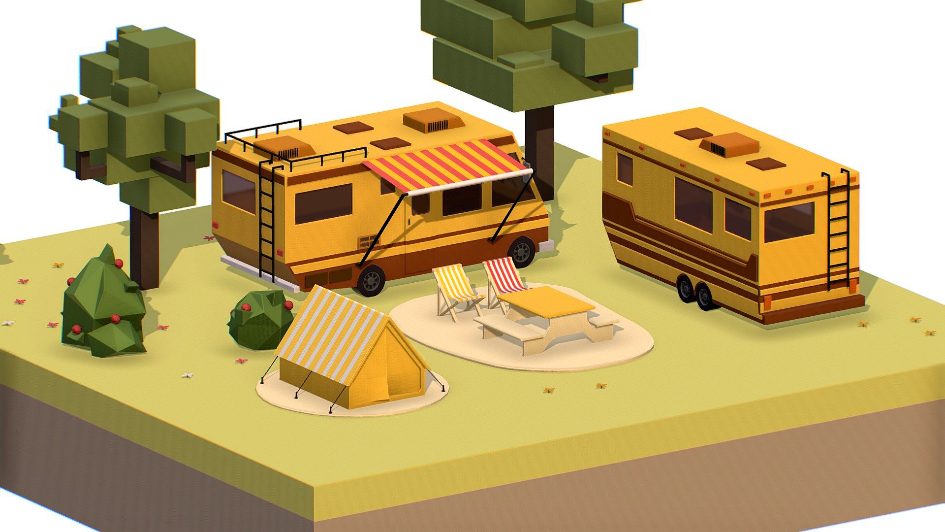 isometric yellow tourist van on halt in meadow