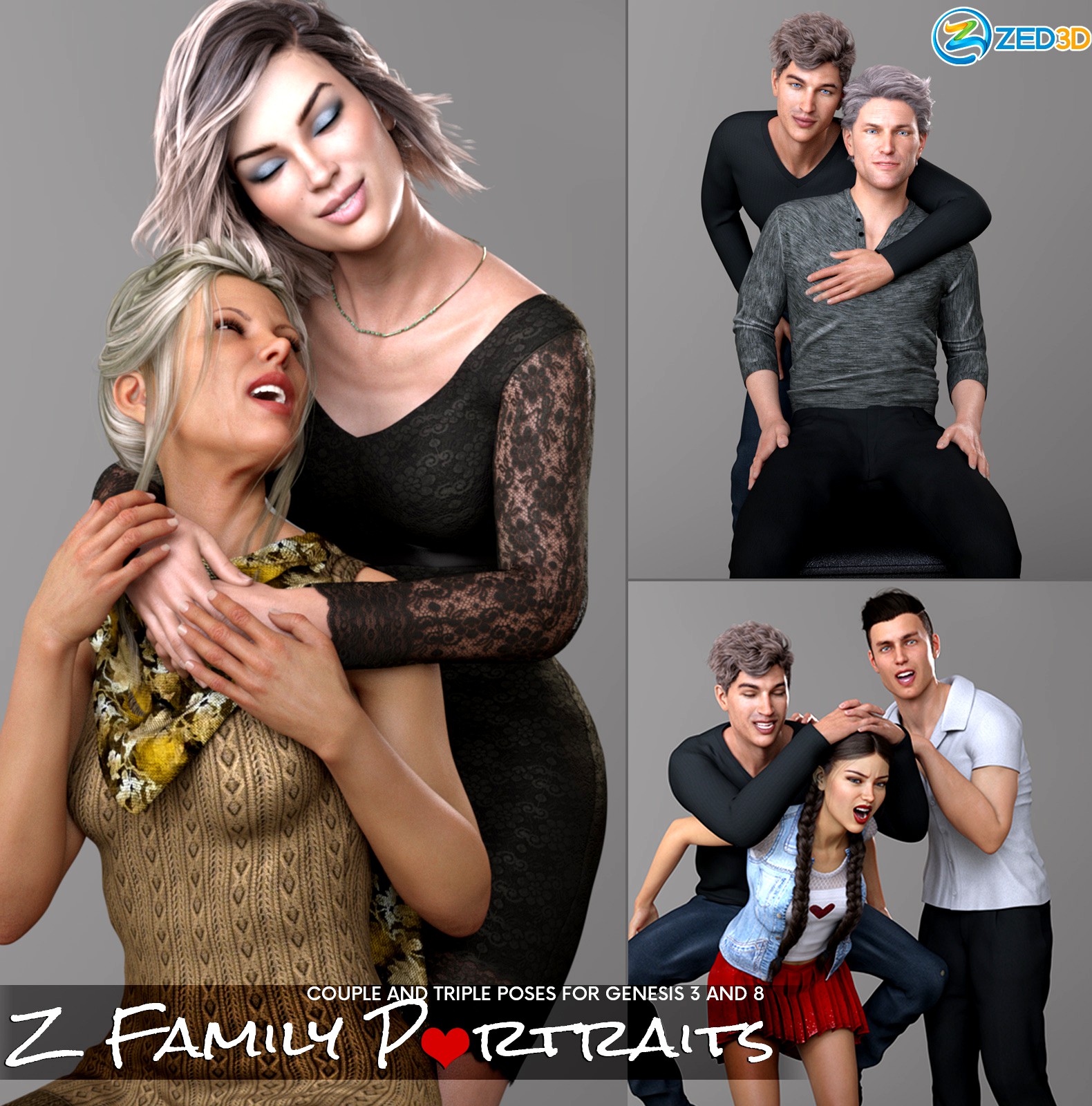 Z Family Portaits - Couple and Triple Poses for Genesis 3 and 8 Male and Female