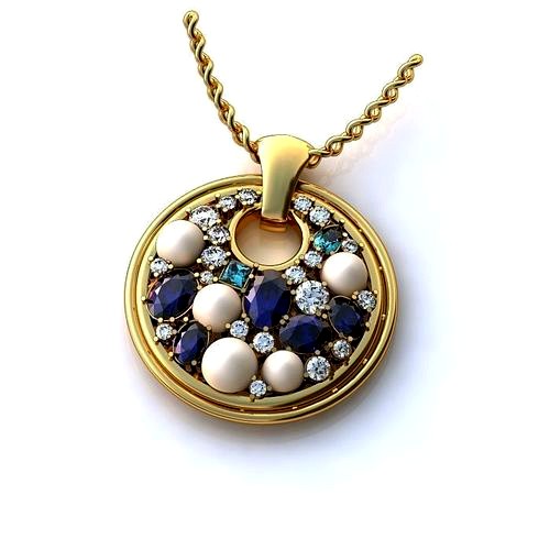 Round Shaped Gold Pendant With Gemstones | 3D