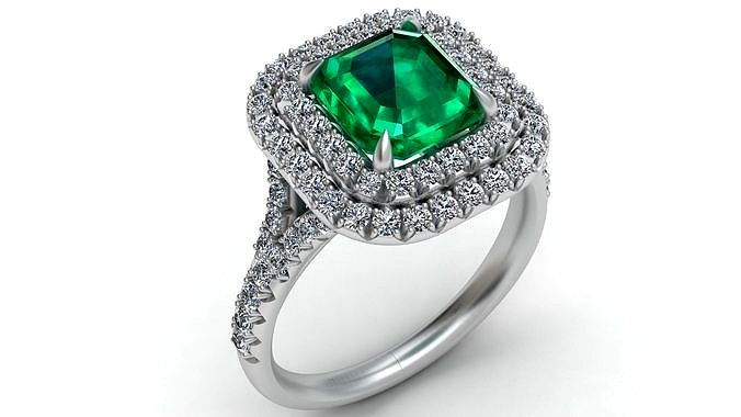 Tiffany Emerald Diamond Gold Engagement Ring | 3D