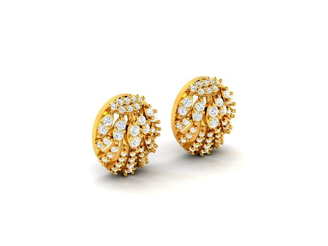 Round Gold Ear Studs With Diamonds | 3D