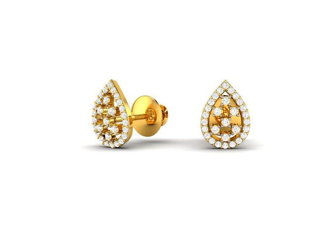 Drop Shaped Gold Ear Studs With Diamonds 16 | 3D
