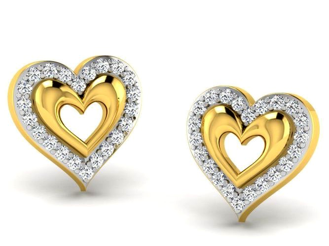 Heart Shaped Golden Earrings With Diamonds 1 | 3D