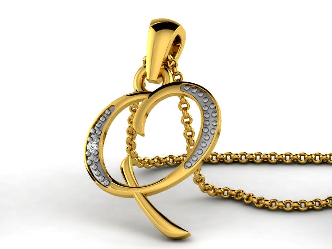 Letter Q Script Golden Pendant With Diamonds | 3D