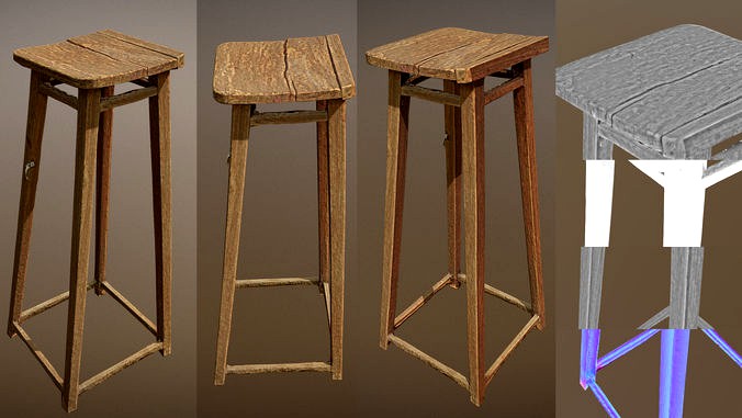 Photorealistic shabby wooden lowpoly stand 3D scan