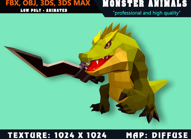 Low Poly Crocodile Monster 55 Animated - Game Ready