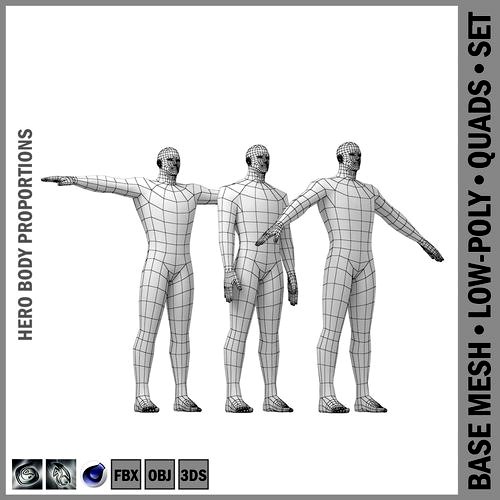 Male Hero Base Mesh with Detaied Head and Limbs in Three Poses