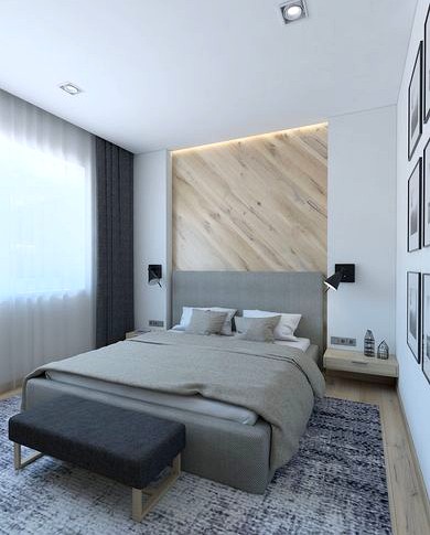 Cozy bedroom with wooden wall