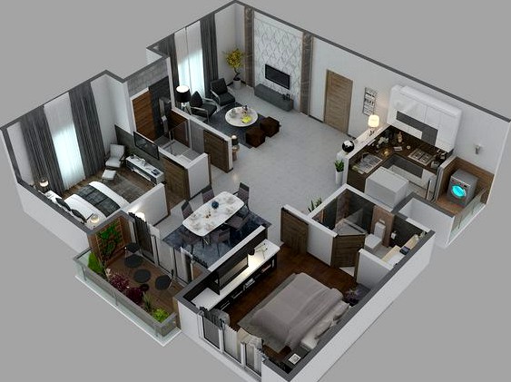 2bhk full interior isometric scene 3D model