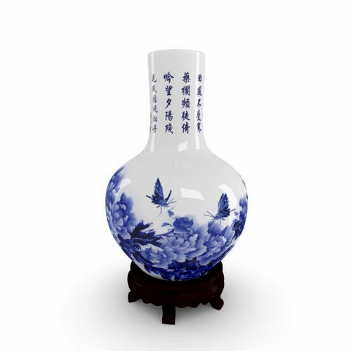 Chinese Blue and White Porcelain Vase with wood stand - Peony