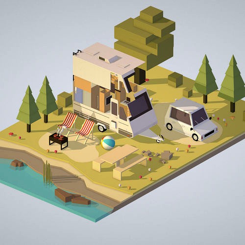 isometric camping van car with barbecue on nature