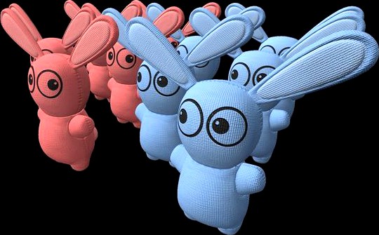 Blue and pink bunny toys