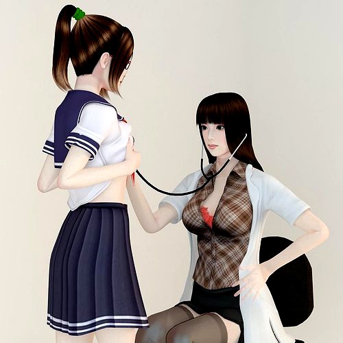 Akari doctor and Natsumi schoolgirl pose 01