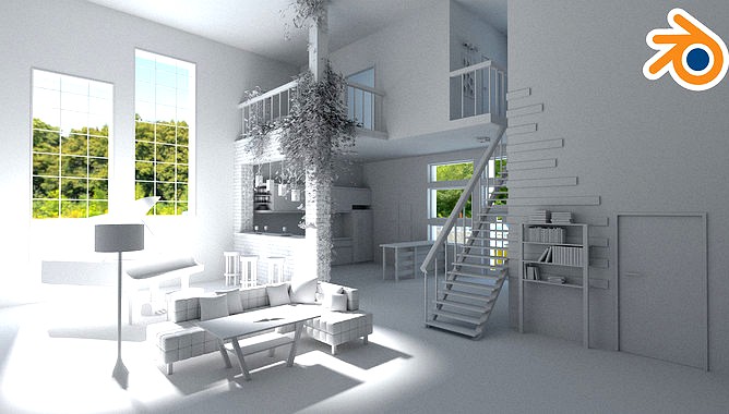 Modern loft with living room kitchen and balcony