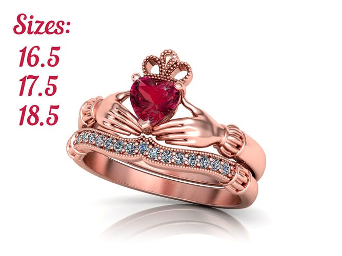 Wedding Set  Claddagh  Engagement ring with Heart gem 3 Sizes  | 3D
