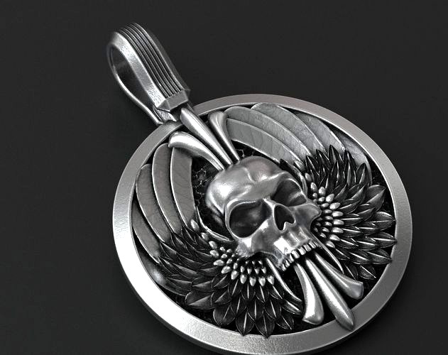 Pendant skull with wings for bikers 335 | 3D