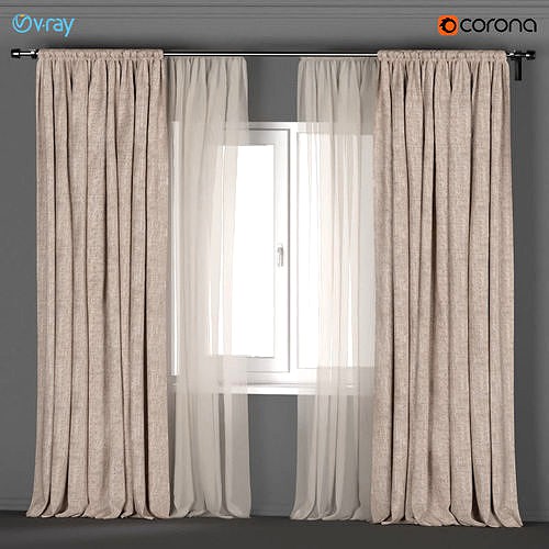 Beige linen curtains with beige tulle