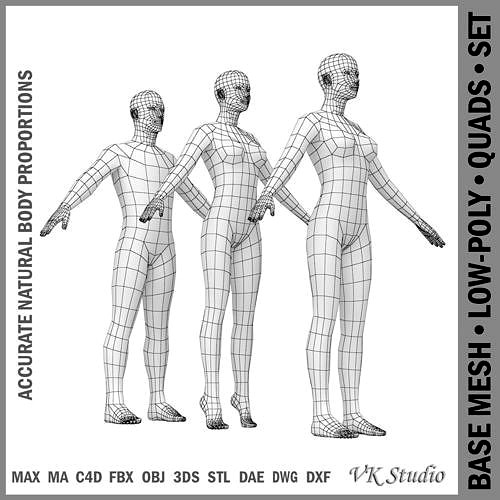 Natural Female and Male in T-Pose Base Mesh 3D Model in Woman 3DExport