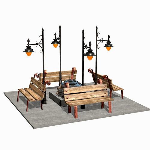 Benches and Lanterns on a Street