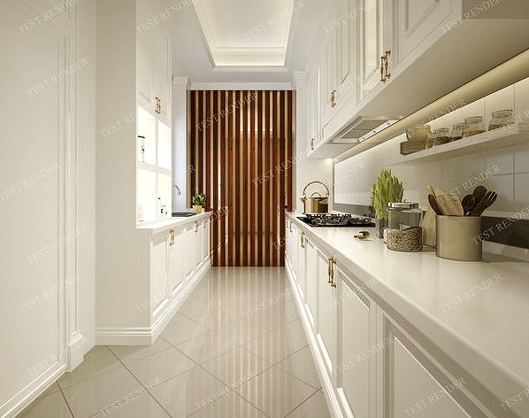 Modern kitchen and dining room with tile floor