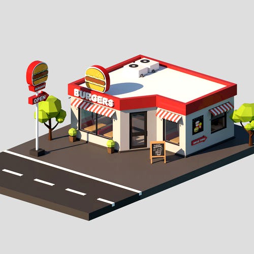 Cartoon Low Poly Fast Food Restaurant Building