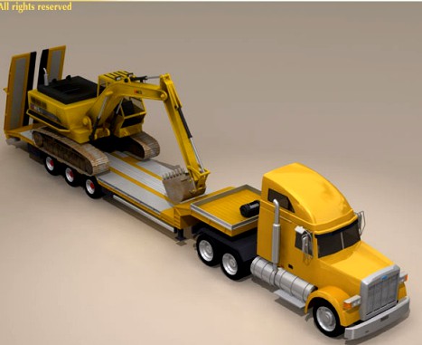 Truck with stepframe trailer and excavator 3D Model