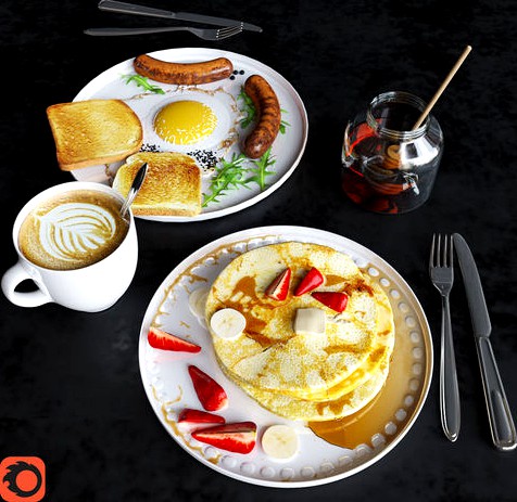 Breakfast With Pancakes And Scrambled Eggs 3d Model