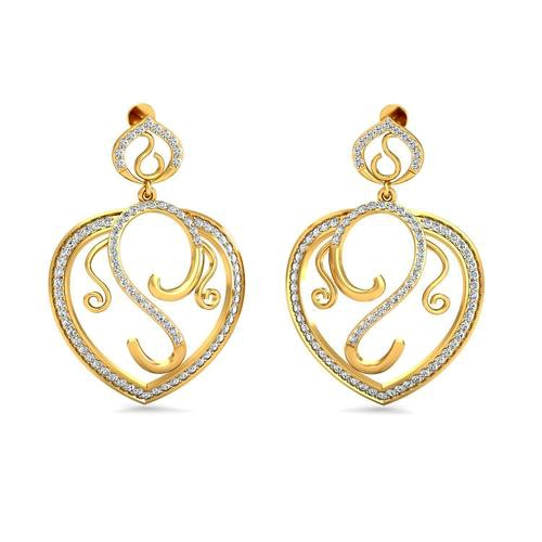 Heart Shaped Golden Drop Earrings With Diamonds  | 3D